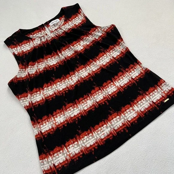 Calvin Klein Red Black Abstract Stripe Print Pleated Neckline Sleeveless Top XL - Picture 3 of 7
